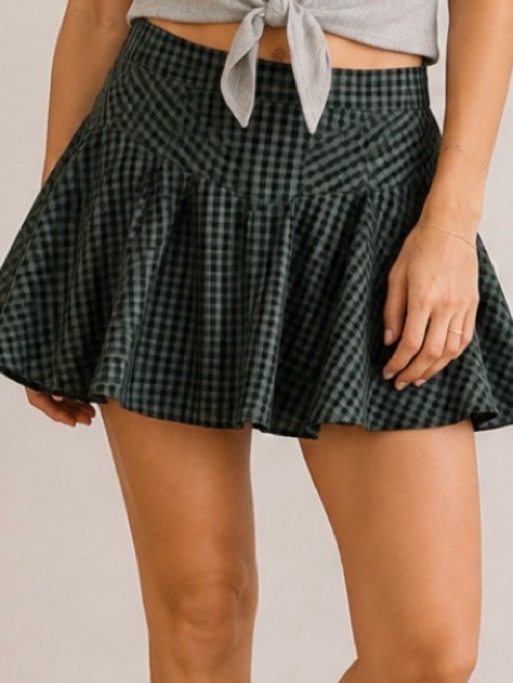 Listicle Green and Black Plaid Gingham Flared Skirt